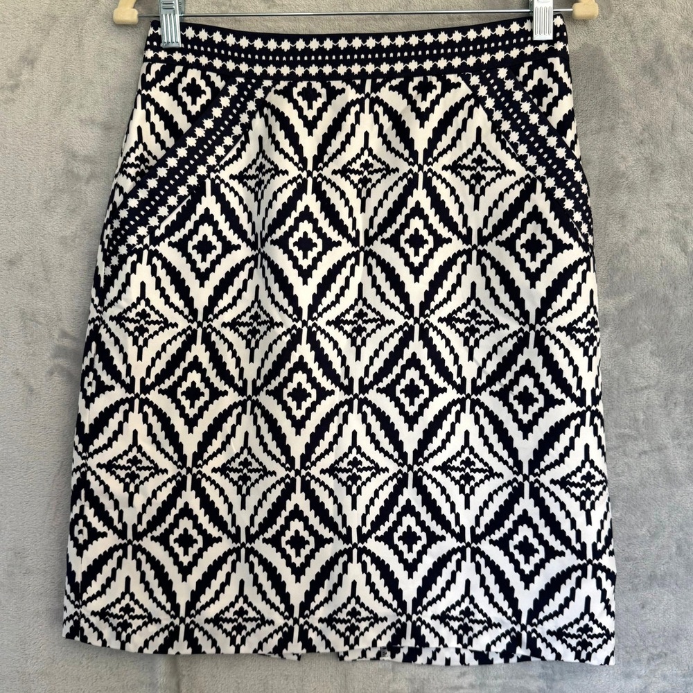 Milly of New York Silk Geometric Ikat Diamond Pencil Skirt Navy White US 6 $245